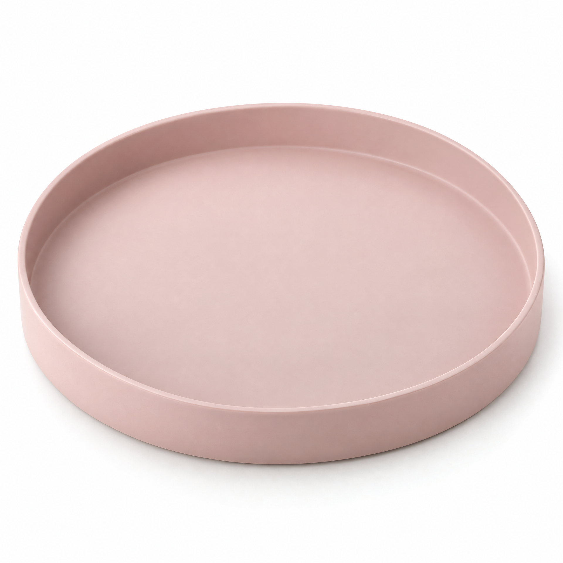 Generated concept image of an empty round blush-pink vanity catchall tray